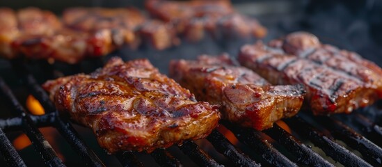 Canvas Print - Sizzling Close-Up of Succulent Meat Cooking on Grill, BBQ Grill with Juicy Steak, Delicious Grilling Outdoors Concept