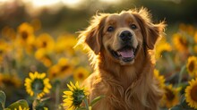 Cute Dog On Flower Filed Background At Sunset Time.