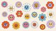 Retro hippie groovy daisy sunflower flowers characters set. Isolated vector cute happy chamomile bloom with vibrant joyous smile, floral reminiscent of the 70s, spreading joy with cheerful presence