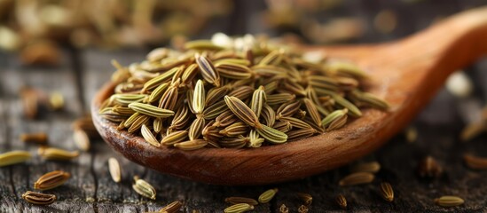 Wall Mural - A wooden table is adorned with a wooden spoon filled with dried fennel seeds, a key ingredient in many cuisine recipes. The aromatic plant seeds are commonly used in dishes to add flavor and aroma