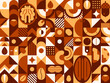© Buch&Bee - Nut and grain abstract geometric pattern. Vector background features walnut, acorn and pecan, almond, cashew, pistachio or hazelnut with coffee seeds. Contemporary minimalistic design in brown colors