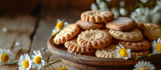 Sticker - A wooden table is adorned with a wooden bowl filled with cookies and daisies, making for a charming display of baked goods and natural elements