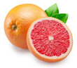 Red grapefruit and grapefruit cross section on white background. File contains clipping path.
