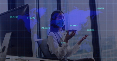 Poster - Image of financial data processing over asian businesswoman with face mask in office