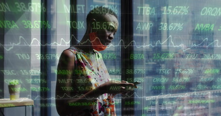 Poster - Image of financial data processing over businesswoman with face mask using smartphone in office