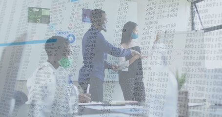 Canvas Print - Image of financial data processing over diverse business people with face masks at meeting