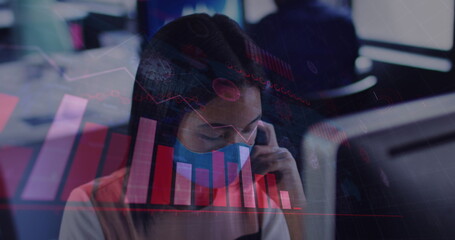 Poster - Image of financial data processing over businesswoman with face mask thinking in office