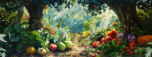 Wall Mural - A group of vegetables and fruits in farm, illustration 