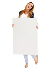 Wall Mural - Studio, blank board and portrait of happy woman with deal info, promo or news on mockup. Signage, offer and excited girl with announcement, presentation and space on poster with white background.