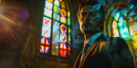 Wall Mural - a man in a suit in front of old stained glass, generative AI