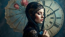 A Woman's Face Is Timeless, Hidden Behind The Delicate Lace Of Her Dress As She Stands Beneath A Clock Tower, Sheltered From The Rain By A Single Red Flower And A Black Umbrella