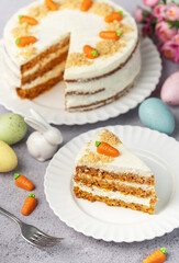 Wall Mural - Homemade Easter carrot cake made with walnuts, iced with cream cheese. Sweet dessert.