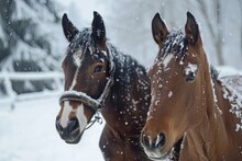 Brown Horses In A Deep Snowy Paddock In The Countryside In Winter.