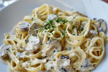 Wall Mural - Fresh fettuccine with creamy mushroom sauce.