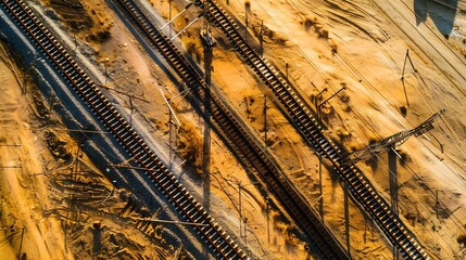 Wall Mural - Aerial view of infrastructure development project with laying of railway tracks equipped with overhead electric poles in parallel to high powered supply lines in dry terrain during sum : Generative AI