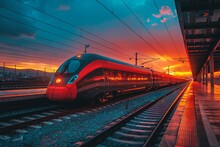 Beautiful Railway Station With Modern High Speed Red Commuter Train At Colorful Sunset. Railroad With Vintage Toning. Train At Railway Platform.