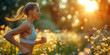 Healthy young woman running in the morning. Fitness model exercising in the morning outdoors. Panoramic side shot of fit woman in nature at summer