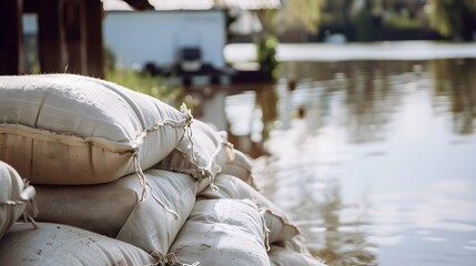 flood Protection Sandbags with flooded homes in the background. Water damage at home. Insurance home. Water damage after flooding