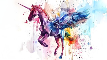  unicorn with blue wings, and colorful feathery mane, in the style of watercolor illustrations, light violet and light red, dark pink and yellow, dripping paint, full body, angura kei, bright