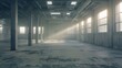 Empty industrial building with concrete floors, precast concrete rib beams, metal sliding doors : Generative AI