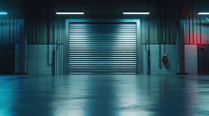 Roller door or roller shutter using for factory, warehouse or hangar. Industrial building interior consist of polished concrete floor and closed door for product display or industry ba : Generative AI