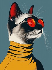 Wall Mural - portrait of cute cat with sunglasses cosplay human, 960s space-age fashion