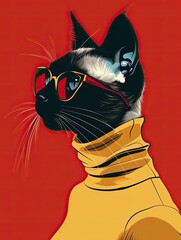 Sticker - portrait of cute cat with sunglasses cosplay human, 960s space-age fashion