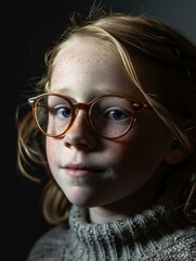 Wall Mural - A young girl wearing glasses and a sweater. Generative AI.