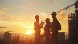 Fototapeta Nowy Jork - Silhouette of engineers in construction site, sunset in background
