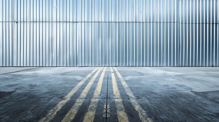 Wall Mural - Exterior wall of warehouse made of aluminum sheet and paved road in outdoor area as background image. Texture of a wall made of silver corrugated metal sheet. : Generative AI