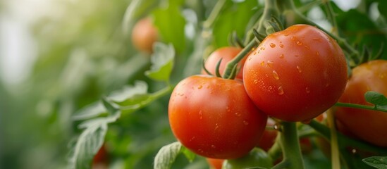 Poster - Fresh ripe tomatoes on the vine in a sunlit garden ready for harvest