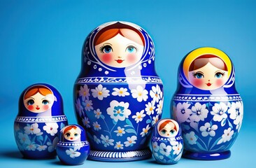 a pile of traditional russian nesting dolls in blue grey background