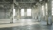 Industrial building interior. Empty building for factory or plant. Spacious industrial building with concrete floor. Light industrial room with windows. Factory space rental. 3d render : Generative AI