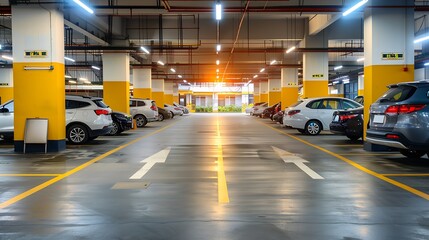 Poster - Car Parking Lot Floor Area of Shopping Mall, Perspective View Empty of Car Park Structure Building at Department Store. Auto Service Parking Lots Flooring : Generative AI