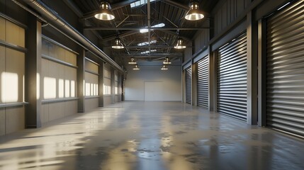 Factory or warehouse or industrial building. Protection with roller door or roller shutter. Modern interior design with concrete floor, steel wall and empty space for industry backgrou : Generative AI