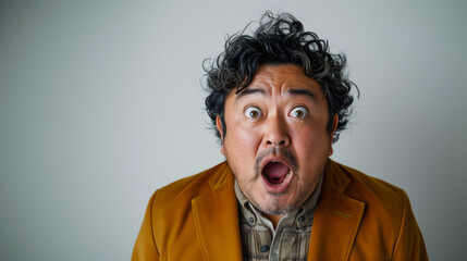 a young asian fat man in casual dress looking camera with excited look and humorous distortions on white background
