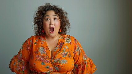 Wall Mural - a fat woman in casual dress looking camera with excited look and humorous distortions on white background