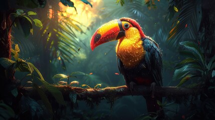 Colorful toucan sits gracefully on a jungle branch, surrounded by lush foliage