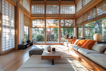 modern living room in japanese style with sunlight and garden in the background