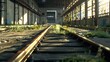 The end of a railway line, work or train maintenance area, terminus, industrial area, with a little greenery and a lot of metal, empty, desert, abandoned : Generative AI
