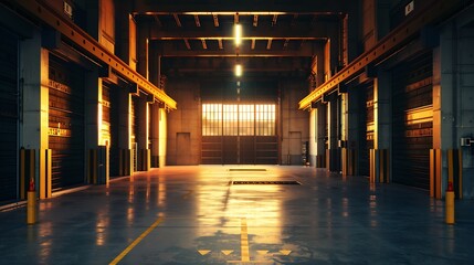 Wall Mural - Empty industrial hangar. Entrance to factory building. Empty industrial building. Industrial zone in evening. Concept of renting building for factory. Hangars with yellow and black pos : Generative AI