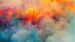 Abstract cityscape emerging from billowing clouds of smoke, bathed in high-definition hues
