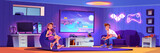 Fototapeta Panele - Teenagers playing video game in living room. Vector cartoon illustration of happy student friends sitting with joysticks in hands, space arcade game on tv display, computer on desk, neon lamp on wall