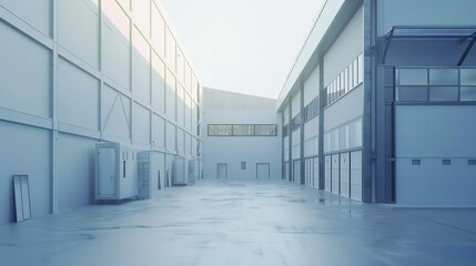 Wall Mural - Industrial Zone. Thin streets between production buildings. Hangar for warehouse with open gates. Exterior of buildings in industrial area. Concept of renting hangar in industrial area : Generative AI