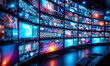 © Bartek - Media Broadcast Control Room with Multiple Screens Displaying Various Content, Representing Surveillance, Live Broadcasting, and Telecommunication