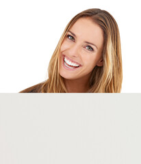 Poster - Woman, portrait and poster mockup in studio for presentation of announcement, opportunity or advertising. Female person, white background and placard board for recommendation, about us or promotion