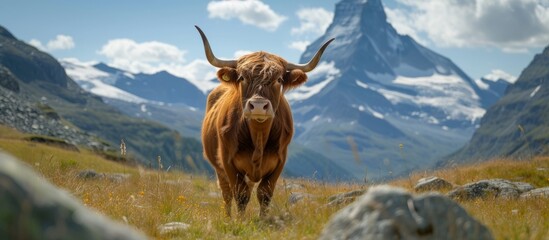 Wall Mural - grazing cow in lush green pasture with majestic mountains in the distance under clear blue sky