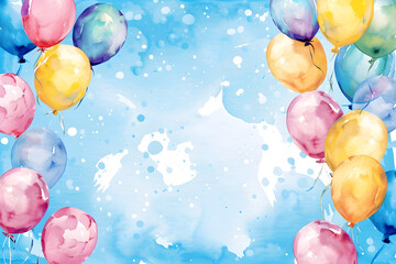 Wall Mural - Cute cartoon colorful balloons frame border on background in watercolor style.
