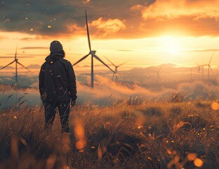 man looking at wind turbines on the background