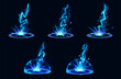 © klyaksun - Lightning hit ground or floor with burst vfx effect, light ball and smoke clouds. Cartoon vector illustration set of blue thunder bolt with flash and power energy splash for game ui design.